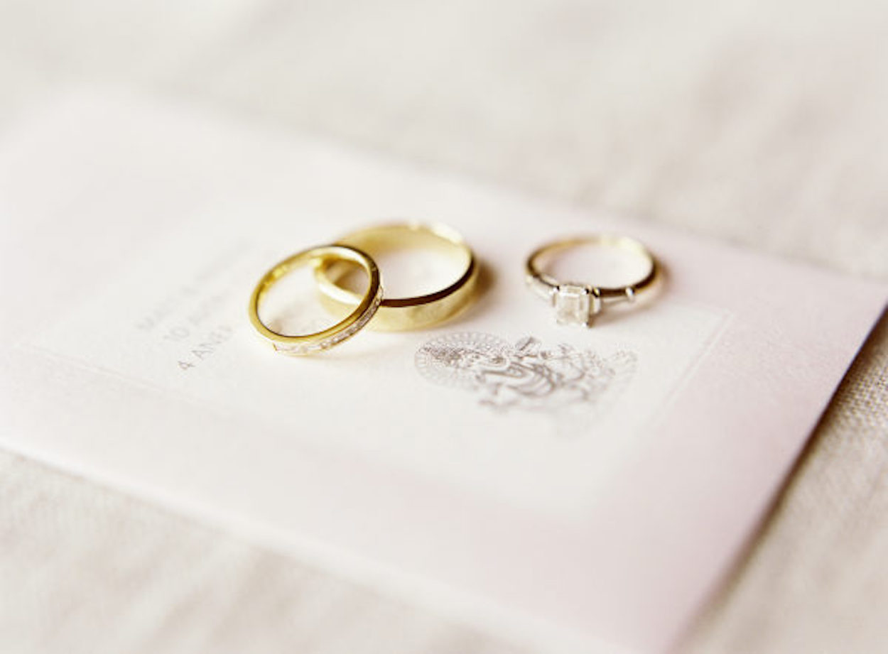 Wedding rings on a wedding invite