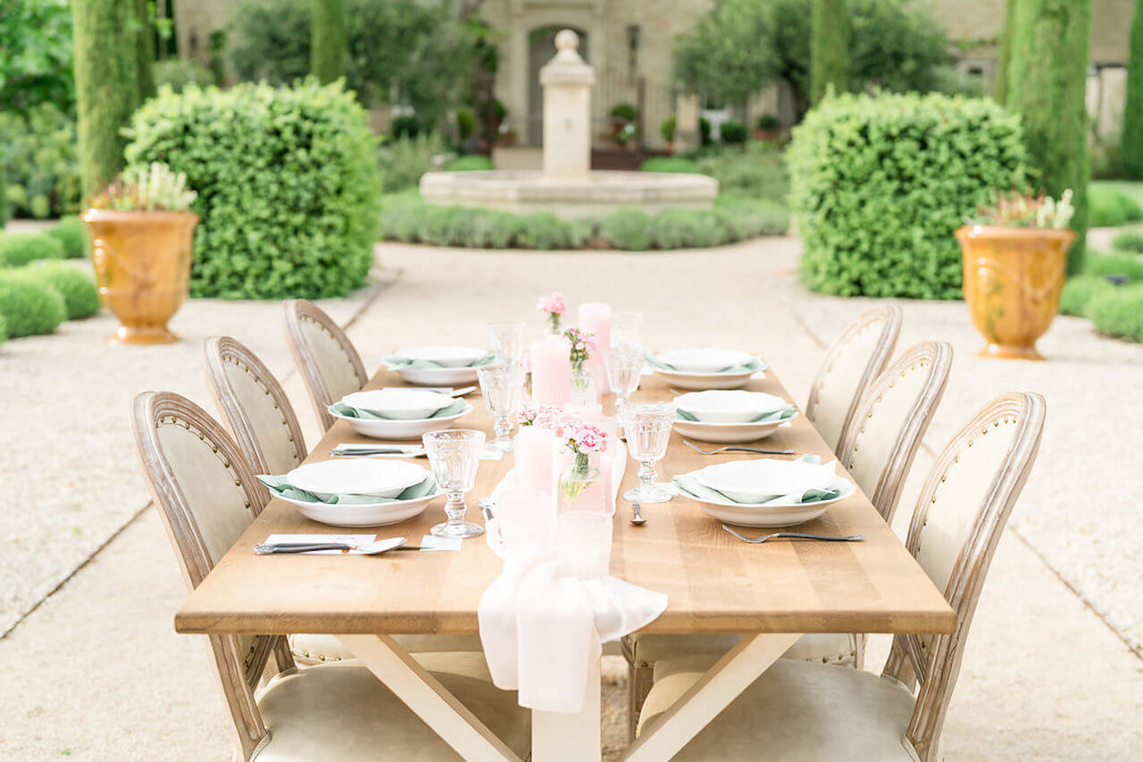 A wedding table set up in a garden